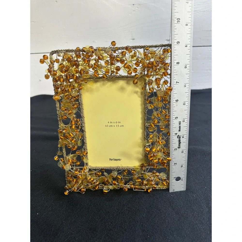 Pier 1 Imports Amber Beaded Wire 4x6 Picture Frame Gold Tone Boho Home Decor